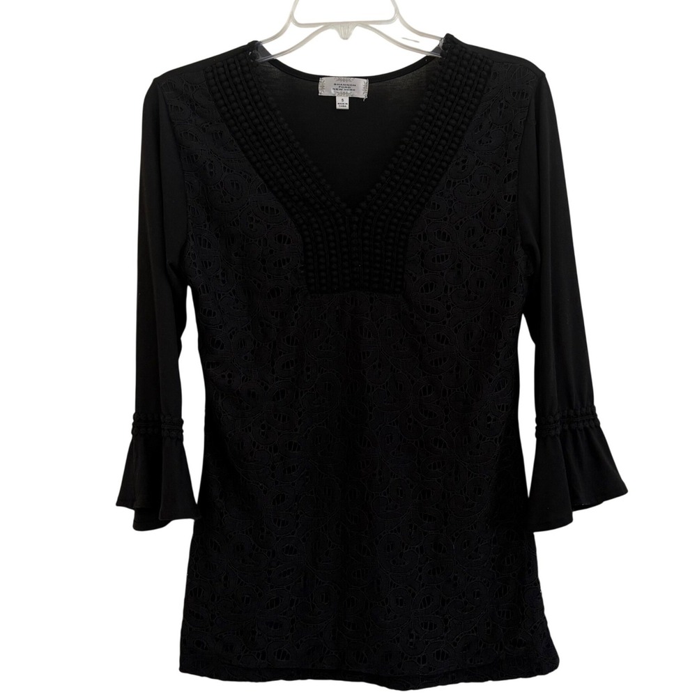 Whimsy Goth Witchy Shannon Ford New York Black Lace Pom Pom‎ VNeck Bell Sleeve S
